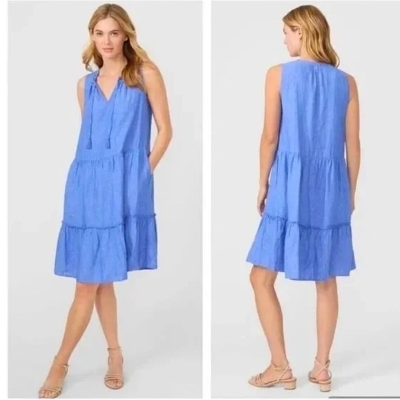 J.McLaughlin Dresses & Skirts - J.McLaughlin‎ Blue 100% Linen Sleeveless Tiered Tassel Tie Neck Midi Dress L